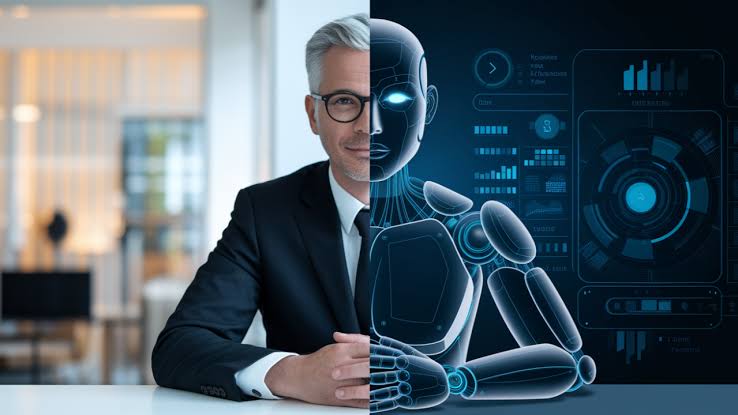 AI and ERP consultant collaborating on an enterprise software implementation, illustrating the evolving role of AI in ERP consulting.